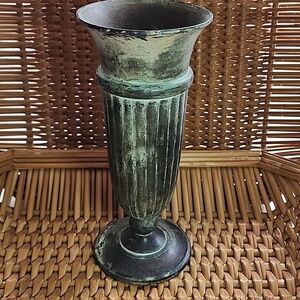 Verdigris Patina Bronze Vase Chalice Trumpet Flare Vintage Pedestal Vase